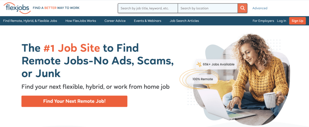 Screenshot of FlexJobs homepage that says "The #1 Job Site to Find Remote Jobs-No Ads, Scams, or Junk"